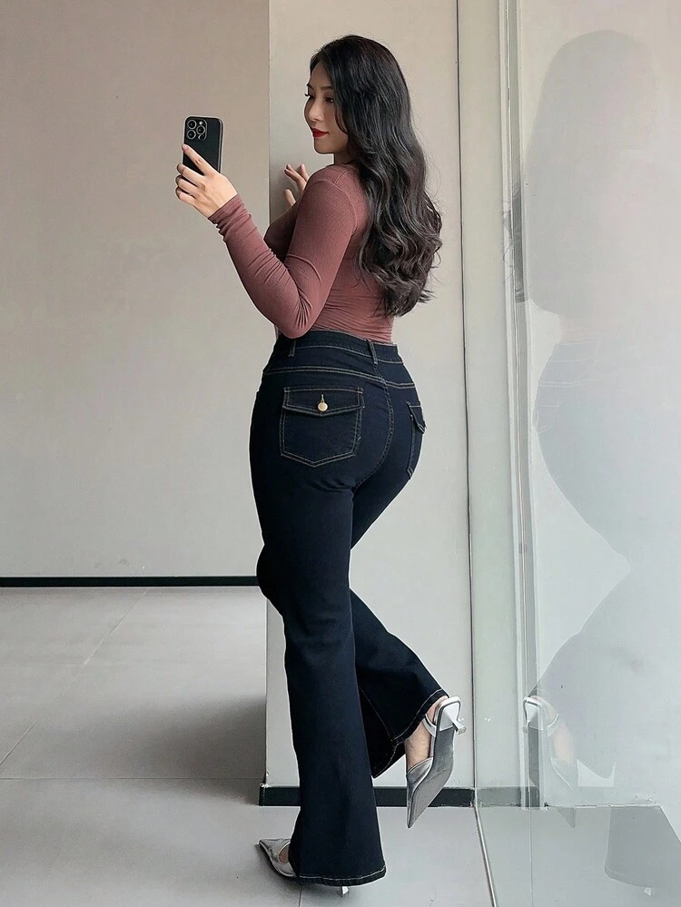 Dazy Plus Plus Size Dark Wash Stretch Slim Fit Flare Leg Jeans, All Season