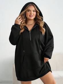 SHEIN CURVE+ Plus Size Casual Women's Zipper Hat Long Sleeved Pocket Sweatshirt Dress Autumn Winter - Black - View 7