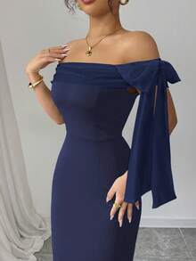 Rafferiza Elegant Solid Color Bow Decor Off Shoulder Dress - Navy Blue - View 3