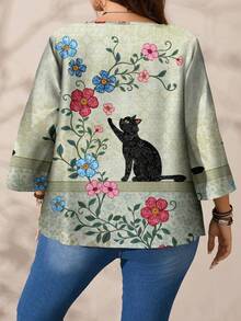 EMERY ROSE 大码女式休闲卡通黑猫印花宽松圆领 3/4 袖衬衫，春夏 - 彩色 - 查看 7