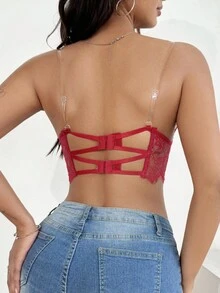 SHEIN 女士时尚无肩带蕾丝无钢圈文胸 - 酒紅色 - 查看 2