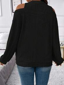 Vionelle Plus Size Women's Solid Color Off-Shoulder Long Sleeve Casual Ribbed Sweatshirt - Black - View 2