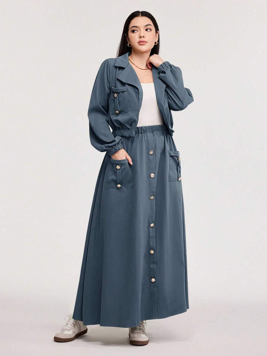 Veilorie 2 件套：工作服口袋设计夹克，立领和腰部收腰裙，休闲办公服 2 件套