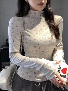 DAZY Women's Floral All-Over Print Long Sleeve High Neck T-Shirt, Korean Style, Spring/Autumn - Apricot - View 1