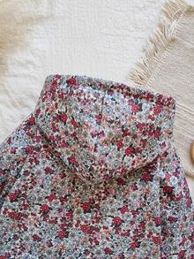 SHEIN Vintaside Kids 年轻女孩动物与植物印花保暖内衬连帽纽扣可爱卡通夹克，适合日常休闲穿着 - 彩色 - 查看 5