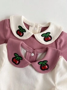 Loomiva 2pcs/Set Newborn Baby Girl Cartoon Fruit Pattern Soft Contrast Color Ruffled Collar Short Sleeve Bodysuit