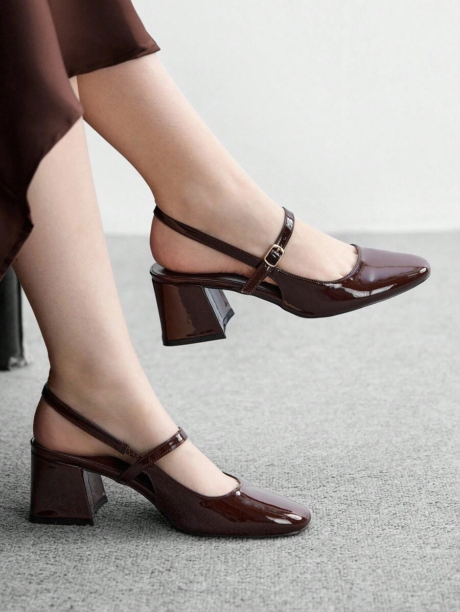 CUCCOO BIZCHIC Giày cao gót hở gót vuông Mary Jane thanh lịch cho nữ, mũi vuông, gót dày, màu cà phê, phong cách đi làm, lấy cảm hứng từ phong cách cổ điển, phù hợp với trang phục thường ngày mùa xuân - Cà phê nâu - Xem 1