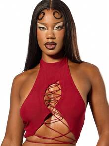 SUMWON WOMEN Áo crop top hở cổ lưới phối ren phía trước cho trang phục dự tiệc Halloween - Màu Đỏ Sâu - Xem 4