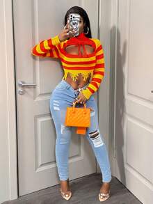 BamGleam Women's Sweaters, Knitted Long Sleeves, Hollowed Out, Colorful, Multi Colored, Pink, Red Stripes, Truncated, Slim Fit, Sexy Vacation Travel, Leisure Parties, Women's Clothing, Spring And Autumn Styles, Summer, Winter, Autumn