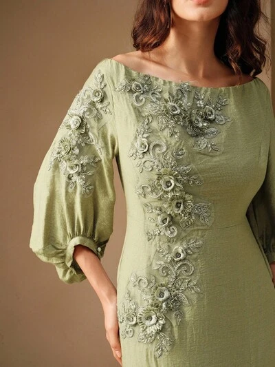 Off-Shoulder Embroidered Linen Dress For Women