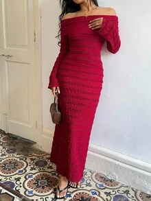 Sunnyshic Women's Solid Color Off Shoulder Long Sleeve Ruched Wedding Party Dress, Textured Fabric, Suitable For Evening Dates - Burgundy - View 7