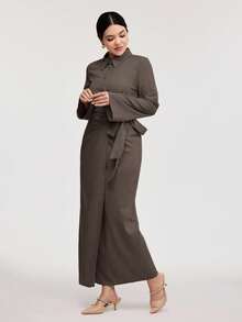 Veilorie Bộ 2 món đồ nữ áo sơ mi dài tay cài khuy đơn màu trơn và chân váy midi thường ngày, bộ 2 món mùa thu - Xám - Xem 4