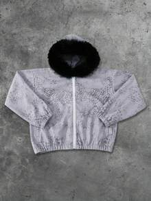ROMWE MEN Street Life Unisex Street American Animal Texture English Graphic Print Fur Collar Jacket - Light Grey - View 4