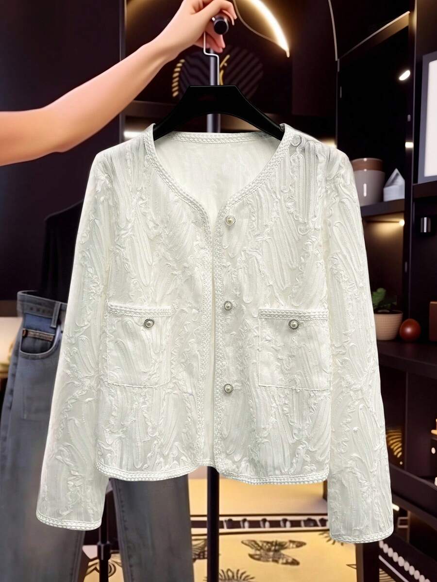 Franclia Women's Autumn White Textured Fabric Jacket, Pearl Button Decor - White - View 1