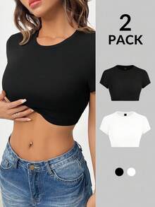 SHEIN PETITE 2pcs Casual Minimalist Style Cropped Black & White 95% Cotton Tank Tops, Versatile For Spring & Summer - Multicolor - View 4