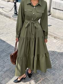 Pariaura Women's Cardigan Waist Long Sleeve Dress - Green - View 3