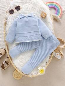 Conjunto de 2 peças de suéter de malha com gola babada e manga comprida para bebês meninas e leggings de malha combinando, macio e confortável para uso diário, ao ar livre, viagens, férias, casa e creche - Baby Azul - Ver 2