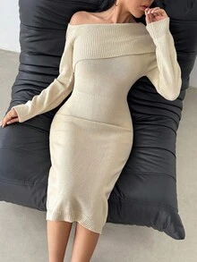 Modelyn 女式不对称领纯色修身长袖罗纹针织连衣裙 - 杏色 - 查看 5