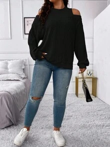 Vionelle Plus Size Women's Solid Color Off-Shoulder Long Sleeve Casual Ribbed Sweatshirt - Black - View 4