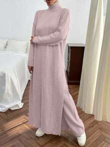 EURMUSE Ensemble robe pull longue et pantalon pull en tricot côtelé de couleur unie avec détail de fente pour femmes - Rose pâle - Voir 5