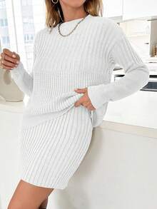 SHEIN Cottnline Casual Rib Knit Sweater & Mini Rib Knit Sweater Skirt Co-Ords - Cream - View 6