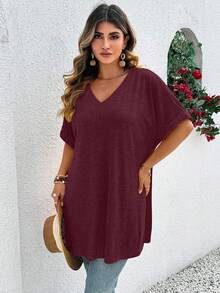 Breezaya Plus Size Women V-Neck Short Sleeve Raglan Sleeve Split Hem Casual Versatile Summer T-Shirt - Burgundy - View 5