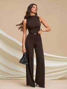 SHEIN Tall 优雅无袖褶皱连体裤，黑色纯色，性感优雅，适合日常穿着、约会、郊游、聚会、外出装，不对称阔腿连体裤，适合情人节、日常穿着，高码加长款 - 棕色 - 查看 1