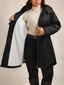 Zelara 秋冬大码连帽大衣，金属腰带绗缝棉服 - 黑色 - 查看 6