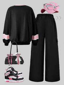 SHEIN Explorewe 2pcs Tween Girls Black Pink,Autumn,Cow Boy,School,Back-To-School Numeric Print Sweatshirt & Cargo Pants Set,Comfortable Long Sleeve Fall Winter Outfit - Black - View 8