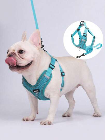 1PC Reflective Adjustable Dog Harness Vest, Breathable Mesh Soft Comfortable Pet Harness And Leash Set For Outdoor Walking Safety For French Bulldog Small Medium Dogs All Seasons