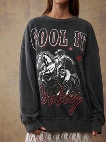 WESTFADE Áo nỉ cotton pha trộn cổ tròn tay dài in họa tiết cao bồi French Terry giặt Cool It cỡ lớn mùa thu, mùa thu, mùa đông, phong cách Boho, trang phục miền Tây dành cho nữ, thường ngày, dễ thương, hòa nhạc đồng quê - màu đen - Xem 4