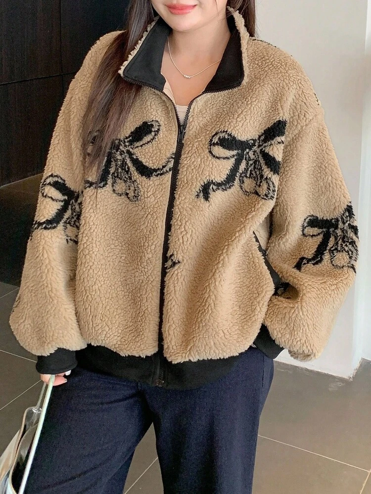 Dazy Plus Plush Fleece Lamb Wool Jacket, Butterfly Print All-Over Floral Pattern, Thick Warm Plus Size Women Outerwear, Autumn/Winter Women Coats