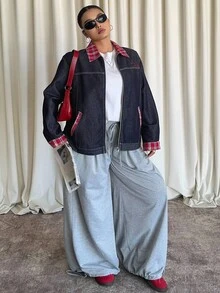 Dazy Plus Áo khoác denim dáng rộng thêu chữ màu xanh đậm tương phản cỡ lớn cho nữ, Xuân/Thu - Rửa tối - Xem 4