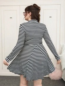 SHEIN EZwear Plus Size Casual & Homewear Black & White Ribbed Long Sleeve Dress Striped Dress Mock Neck Dress - Black and White - View 2
