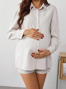 SHEIN 2pcs Maternity Solid Color Long Sleeve Button-Up Pocket Shirt And Adjustable Waist Shorts Casual Set - Khaki - View 8