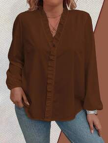 Flouryn Plus Size Women's Solid Color Ruffle V-Neck Lantern Sleeve Casual Shirt