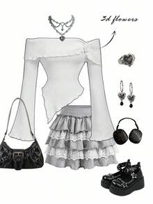 SHEIN MOD 3D Floral Asymmetrical Hem Off Shoulder Sweater,Halloween,Back To School,Y2k,Old Money In Fall/Winter - White - View 1