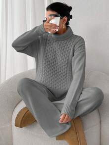 EURMUSE 2pcs Set: Cable Knit Turtleneck Long Sleeve Top And Solid Color Pants - Light Grey - View 5