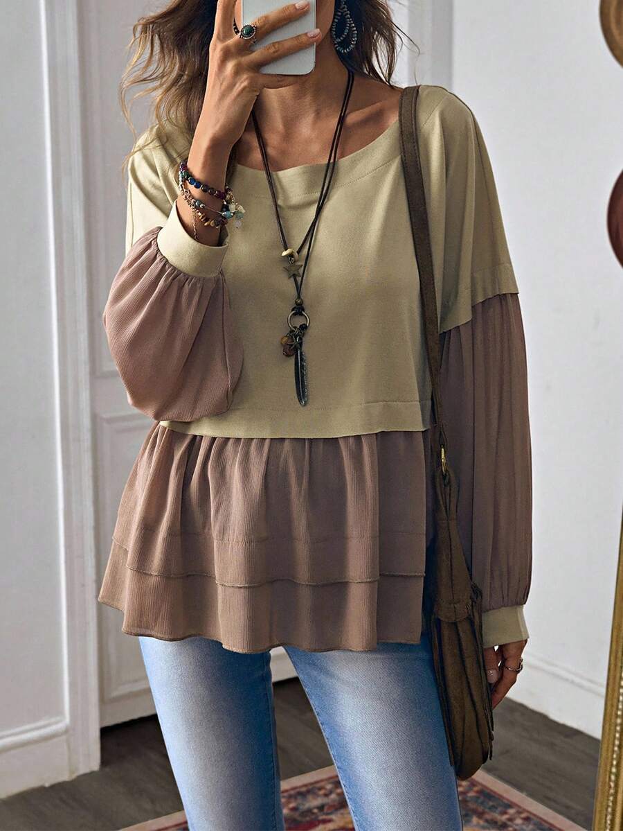 LanaWest Women's Western Casual Khaki Oversized Crew Neck Long Sleeve Gathered Fabric Contrast Patchwork Design Loose Sweatshirt Fall Cloth For Women