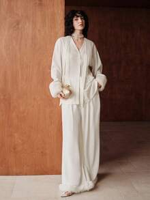 Uhlyne Women's Autumn White Faux Fur Patchwork Wide Leg Pants, Minimalist Pleated Trousers, Versatile For Business, Casual And Holiday Wear - White - View 6
