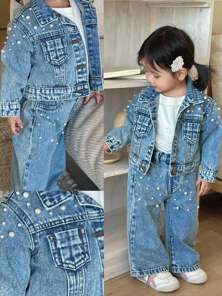 SHEIN 2 件套女婴白色珍珠装饰蓝色牛仔翻领长袖夹克和宽松裤子套装 - 淺色水洗藍 - 查看 1