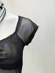 EgrlEra Damen Sexy T-Shirt mit Schleife Dekor und grafischem Muster, Sommer - Schwarz - Übersicht 5