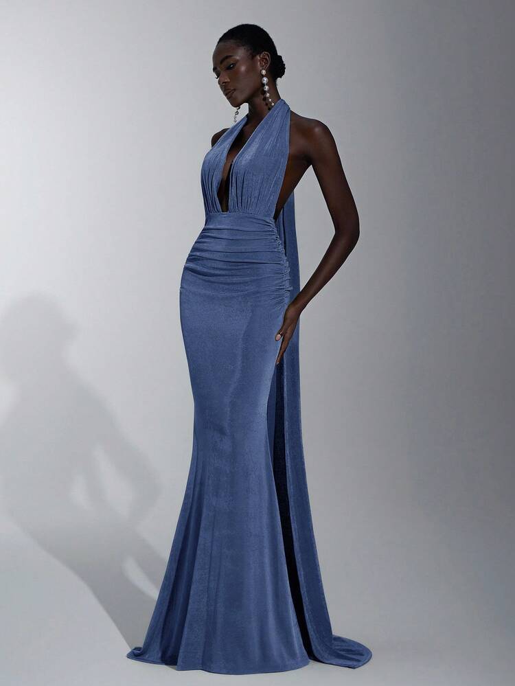 Elitara Elegante, romántico, sexy, minimalista, azul, tela de punto, cuello halter, cintura ceñida, bajo de sirena, de moda, estilo influencer, vacaciones, fiesta de cumpleaños, evento de boda, vestido de dama de honor - Azul - Añade 2