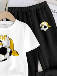SHEIN Bộ quần dài tay ngắn cổ tròn phong cách thể thao tối giản họa tiết hoạt hình bóng đá cho bé trai màu Y2K, mùa thu - Nhiều màu - Xem 5