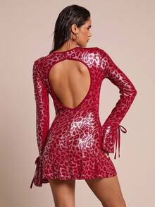 Glamine Women's Elegant Pink Leopard Print Autumn 70's Backless Long-Sleeved Slim-Fit Dress,Party Disco Club Night New Year's Eve Fashionable Red Dresses - Red - View 3