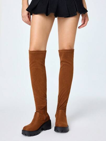 Goth Women's Fashion Over The Knee Boots Comfortable Round Toe Chunky Block Heels Thigh High Fall Boots With Adjustable Drawstring And Side Zipper