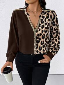 SHEIN Clasi Plus Size Women Leopard Print Patchwork Casual Shirt - Brown - View 1