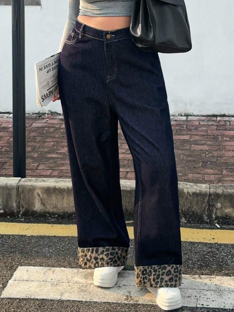 Dazy Plus Loose Fit Dark Wash Blue Straight Leg Long Jeans With Leopard Print Ankle Patchwork, Suitable For All Seasons