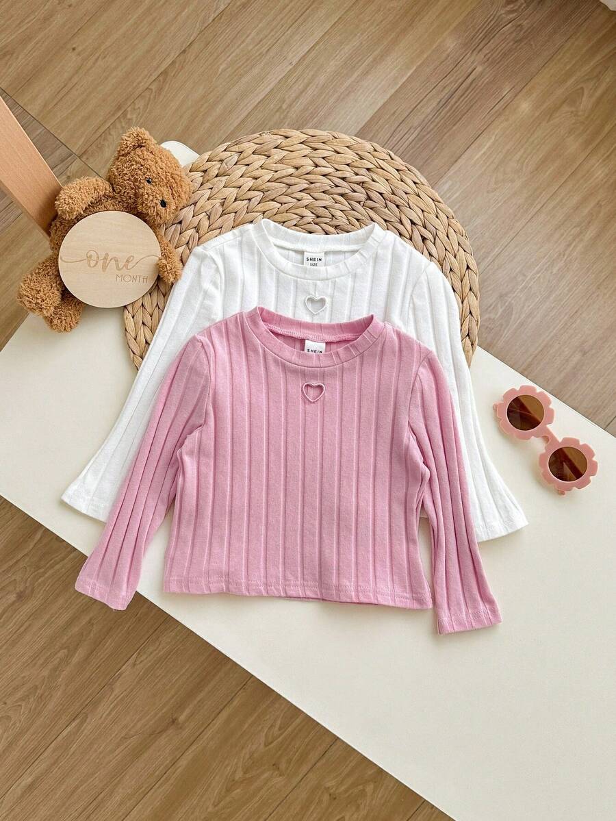 SHEIN 2件Babygirl可爱休闲纯色针织长袖上衣 - 彩色 - 查看 1