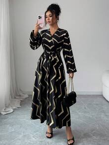 Elenzga Women's Elegant Dress, V-Neck With Waist Ruching, Lantern Sleeves, Random Foil Print, Extra Long Tie Waist - Black - View 3